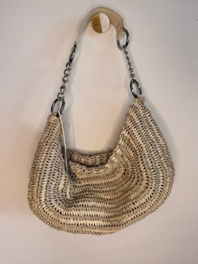 Elliott Lucca Woven leather Hobo Bag with Chain Strap cream